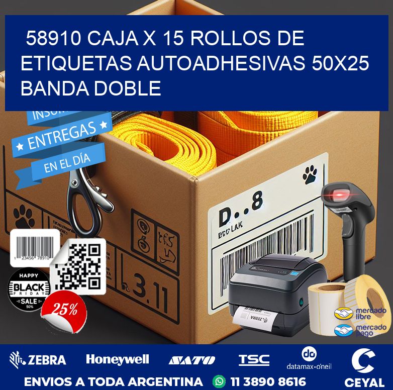 58910 CAJA X 15 ROLLOS DE ETIQUETAS AUTOADHESIVAS 50X25 BANDA DOBLE