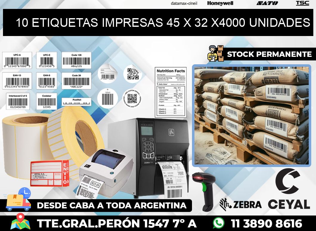 10 ETIQUETAS IMPRESAS 45 x 32 X4000 UNIDADES