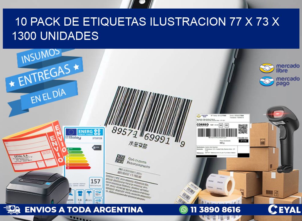 10 PACK DE ETIQUETAS ILUSTRACION 77 x 73 X 1300 UNIDADES