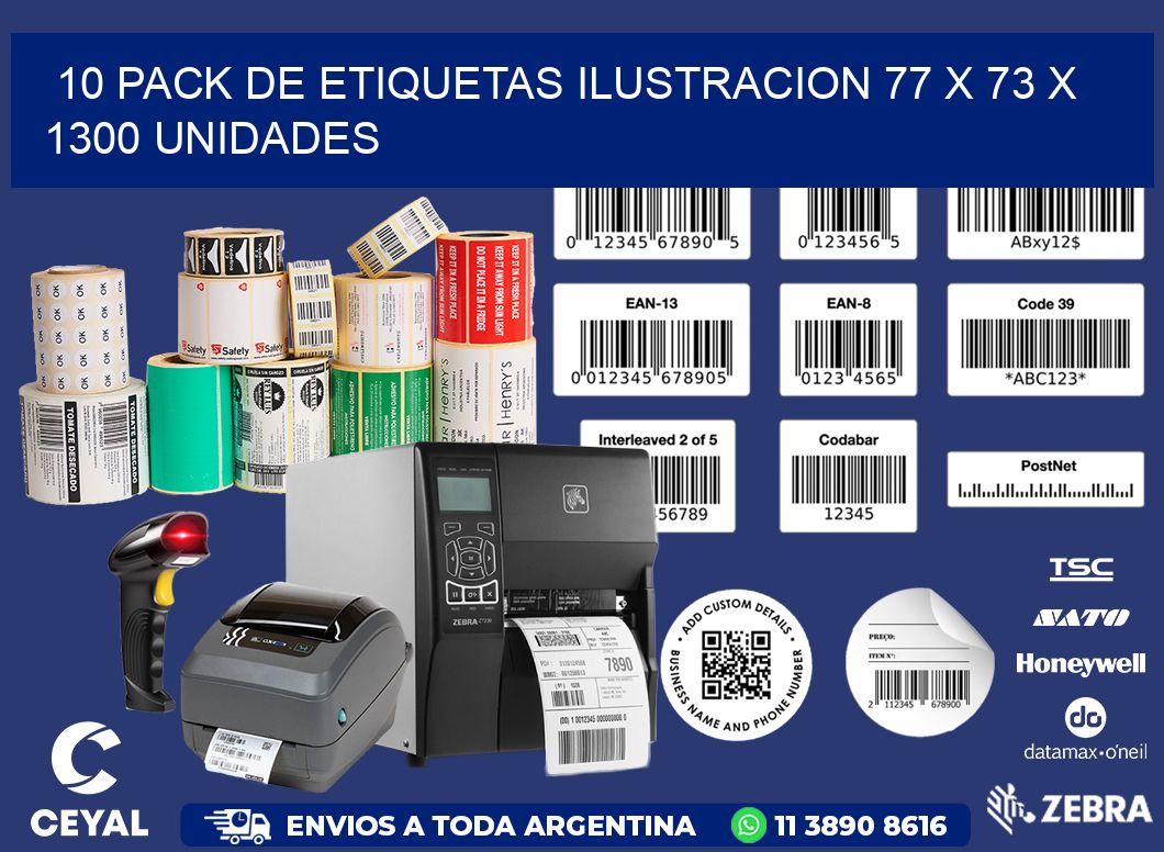 10 PACK DE ETIQUETAS ILUSTRACION 77 x 73 X 1300 UNIDADES