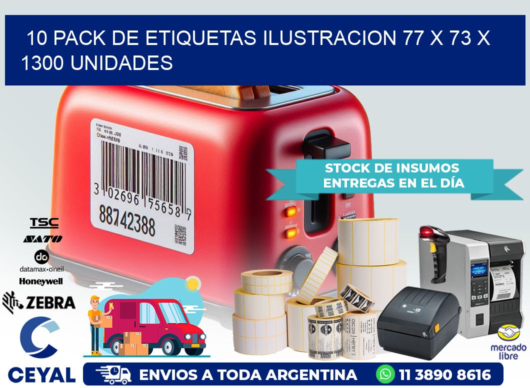 10 PACK DE ETIQUETAS ILUSTRACION 77 x 73 X 1300 UNIDADES