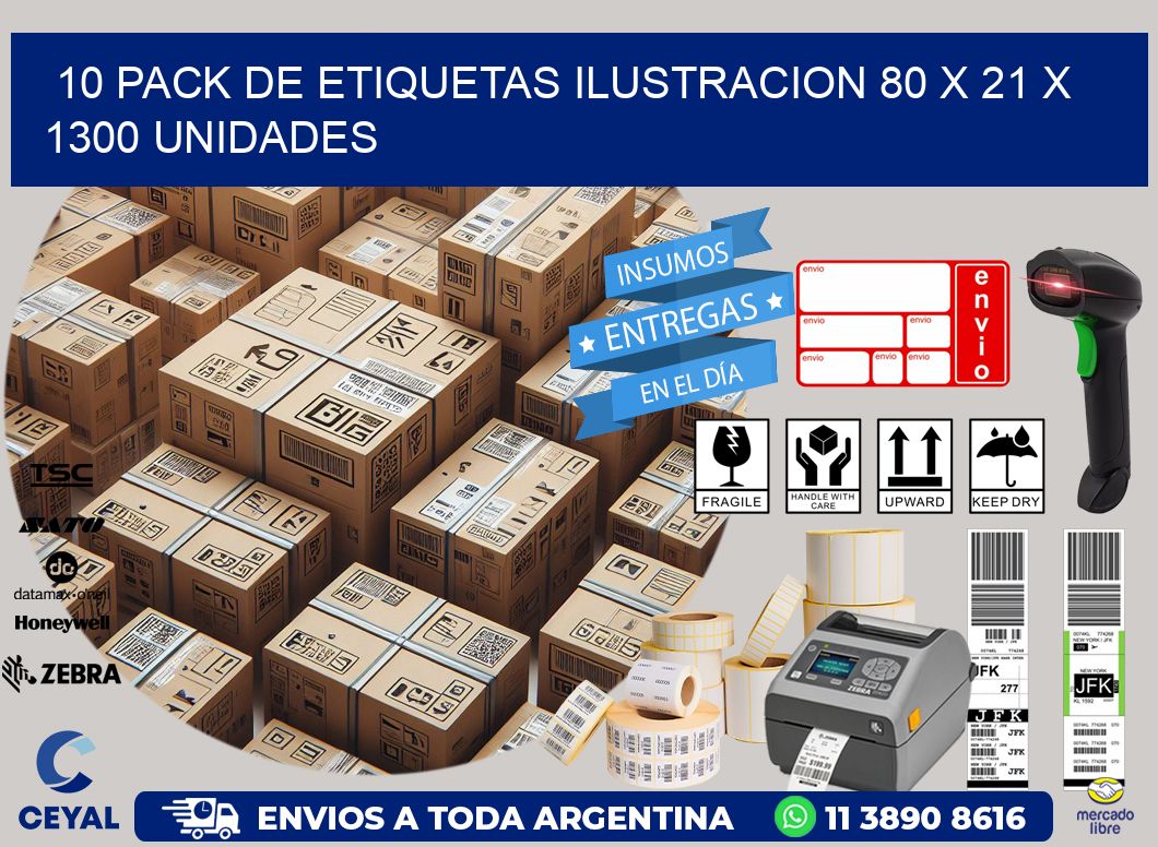 10 PACK DE ETIQUETAS ILUSTRACION 80 x 21 X 1300 UNIDADES