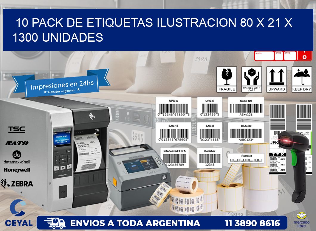 10 PACK DE ETIQUETAS ILUSTRACION 80 x 21 X 1300 UNIDADES