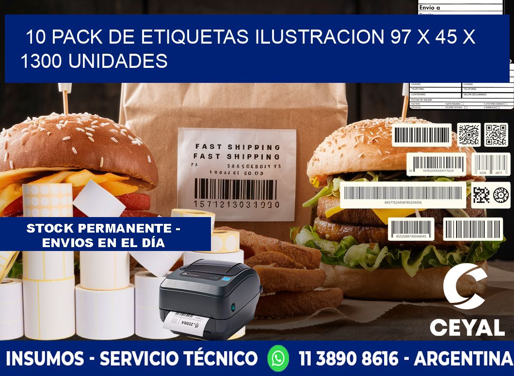 10 PACK DE ETIQUETAS ILUSTRACION 97 x 45 X 1300 UNIDADES