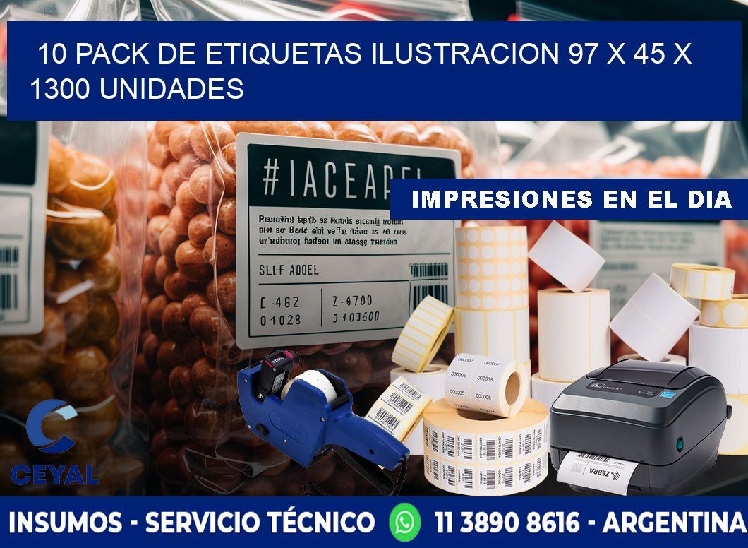 10 PACK DE ETIQUETAS ILUSTRACION 97 x 45 X 1300 UNIDADES