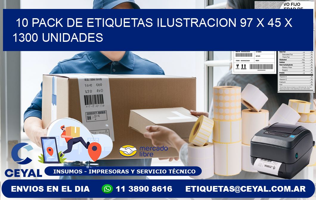 10 PACK DE ETIQUETAS ILUSTRACION 97 x 45 X 1300 UNIDADES