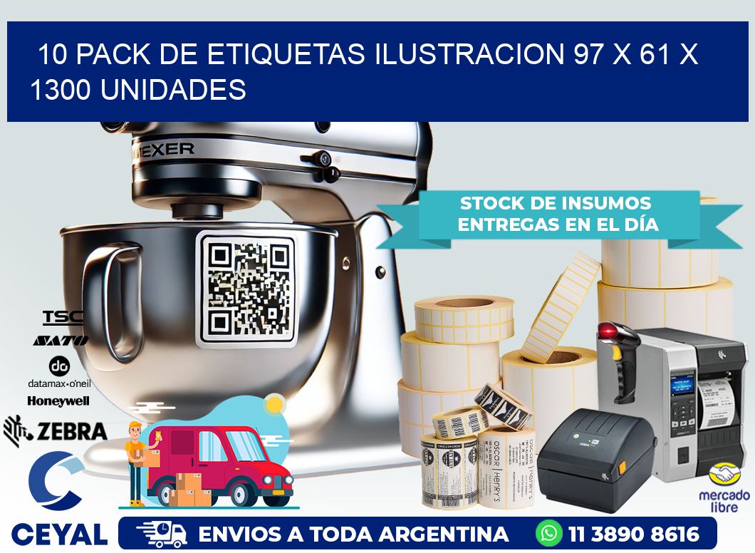 10 PACK DE ETIQUETAS ILUSTRACION 97 x 61 X 1300 UNIDADES