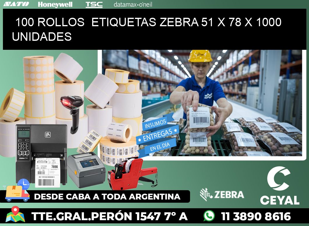 100 ROLLOS  ETIQUETAS ZEBRA 51 x 78 X 1000 UNIDADES