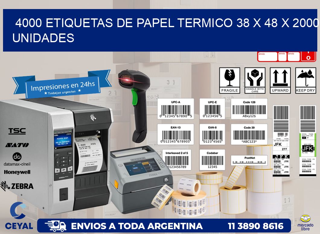 4000 ETIQUETAS DE PAPEL TERMICO 38 x 48 X 2000 UNIDADES