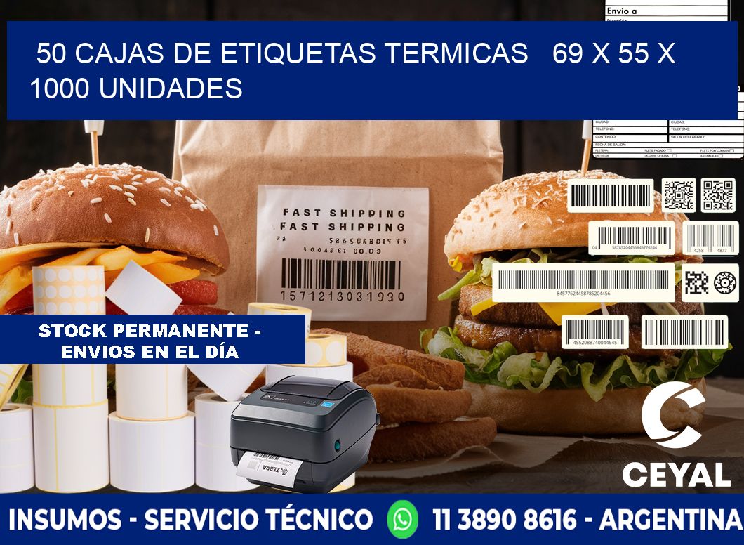 50 CAJAS DE ETIQUETAS TERMICAS   69 x 55 X 1000 UNIDADES