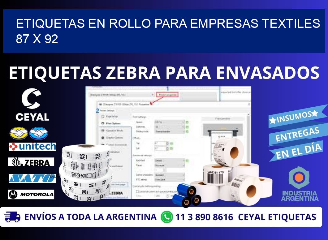 ETIQUETAS EN ROLLO PARA EMPRESAS TEXTILES  87 x 92