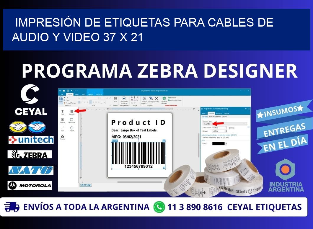 IMPRESIÓN DE ETIQUETAS PARA CABLES DE AUDIO Y VIDEO 37 x 21